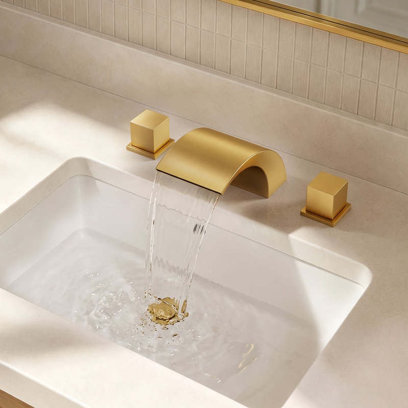 8 in. Widespread Bathroom Faucet 3 Hole, 2-Handle Waterfall Deck Mount Bathroom Sink Faucet with Drain Assembly, Brushed Gold