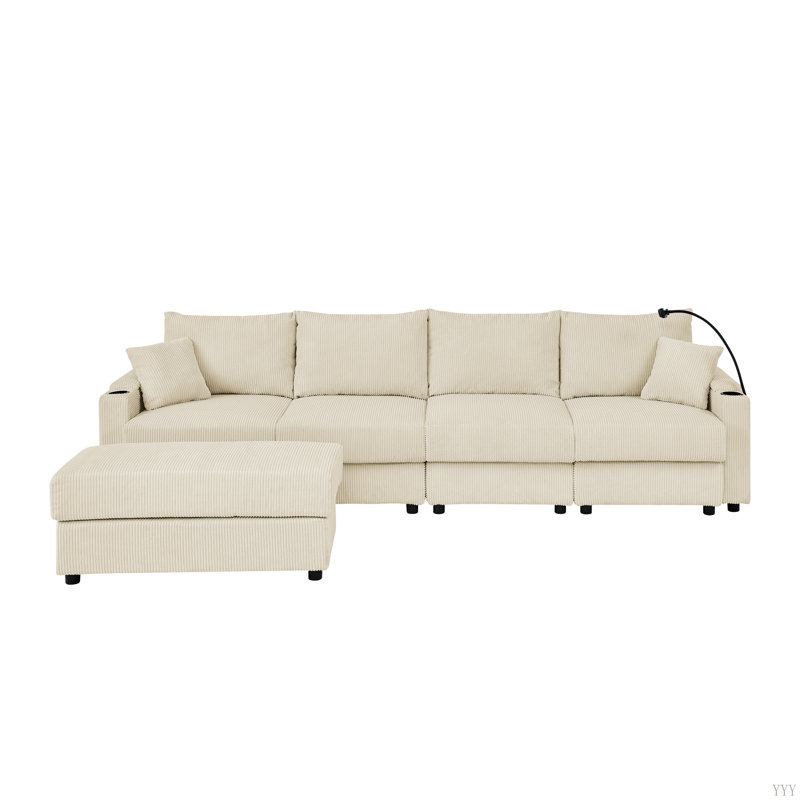Canapé en L 4 places avec rangement, repose-pieds, canapé à siège profond avec porte-gobelets et support pour téléphone