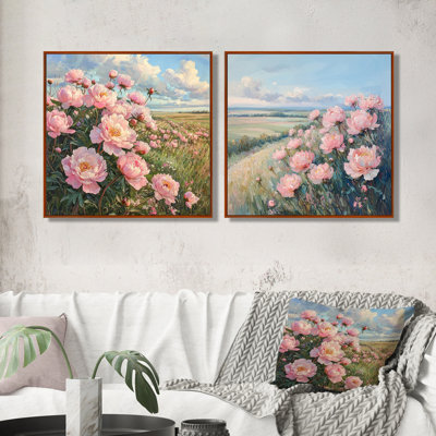 Pivoines au bord de la ferme I - art mural pivoines - art mural traditionnel sur toile 2 pièces