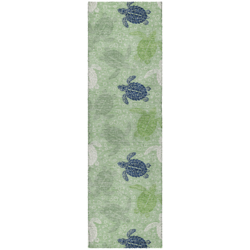 Premium Machine Washable Dream Shag ADS192 Turtles Rug, 2'3" x 7'6" Runner, Green