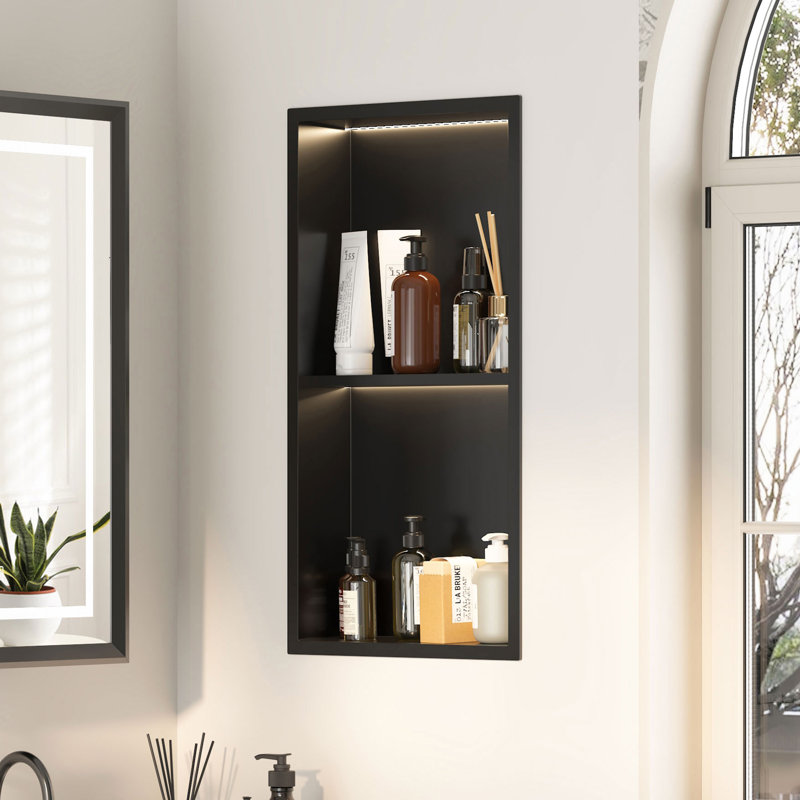 Étagère murale en niche 13 po x 24,7 po avec lumière DEL COB, Métal métal, 18.7" H x 23.62" W x 3.94" D