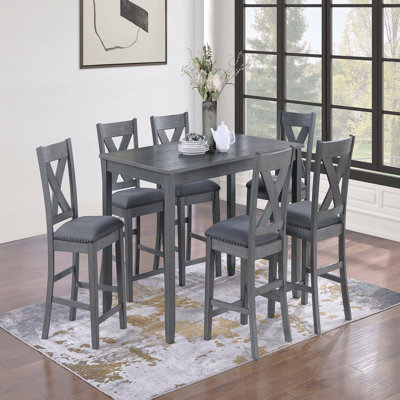 Dining Table 6 X Dining Chairs 7Pcs Counter Height Set Cushion Seat Nailhead X-Cross Back Dining Chairs