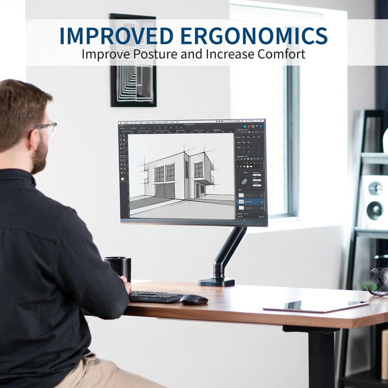 Single Monitor Height Adjustable Counterbalance Pneumatic Arm Desk Mount Stand, Classic, Universal VESA Fits Screens Up To 32 Inches