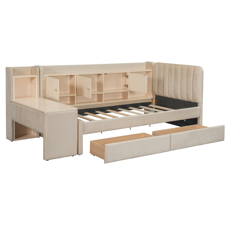 Lit de jour simple tapissier avec tiroirs, tablettes, armoires rabattables et table d'appoint, Beige