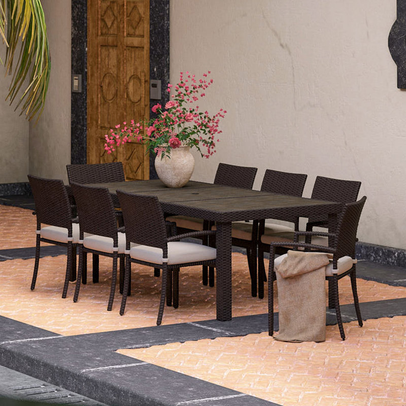 Ehrenfried 8-Person Wicker Patio Dining Set with Sunbrella Cushions, Espresso Frame/Spectrum Dove Sunbrella® Plainweave