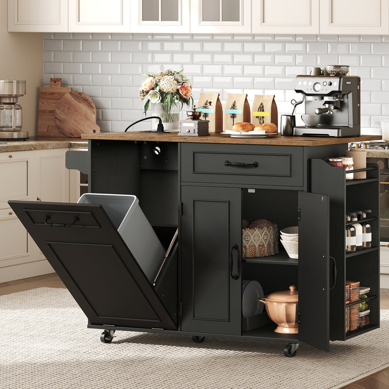 39.4" Kitchen Island with Power Outlet, Drop Leaf & Trash Can Storage, Rolling Cart with 3-Tier Spice Rack, Black