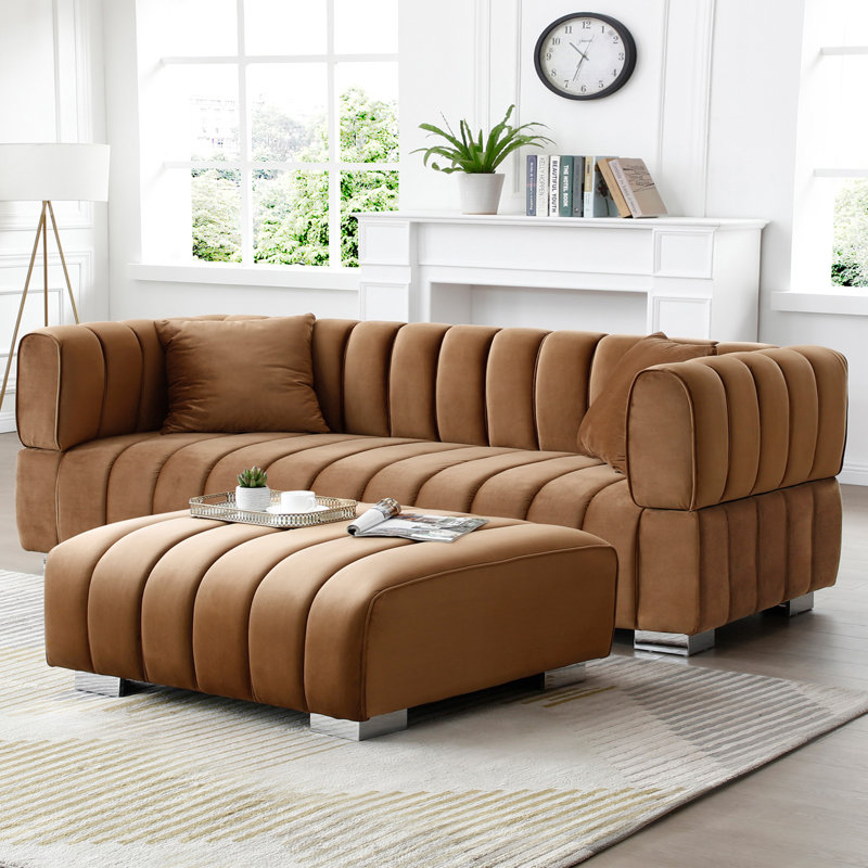 Luna, Channel-Back Velvet Sofa with Ottoman, Brown