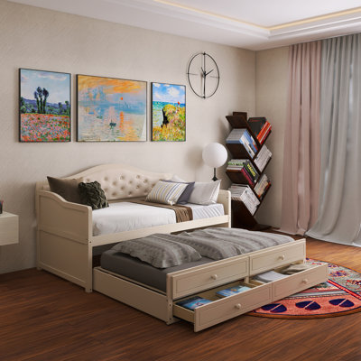 Wood Frame Twin Size Daybed With 2 Storage Drawers And Trundle
