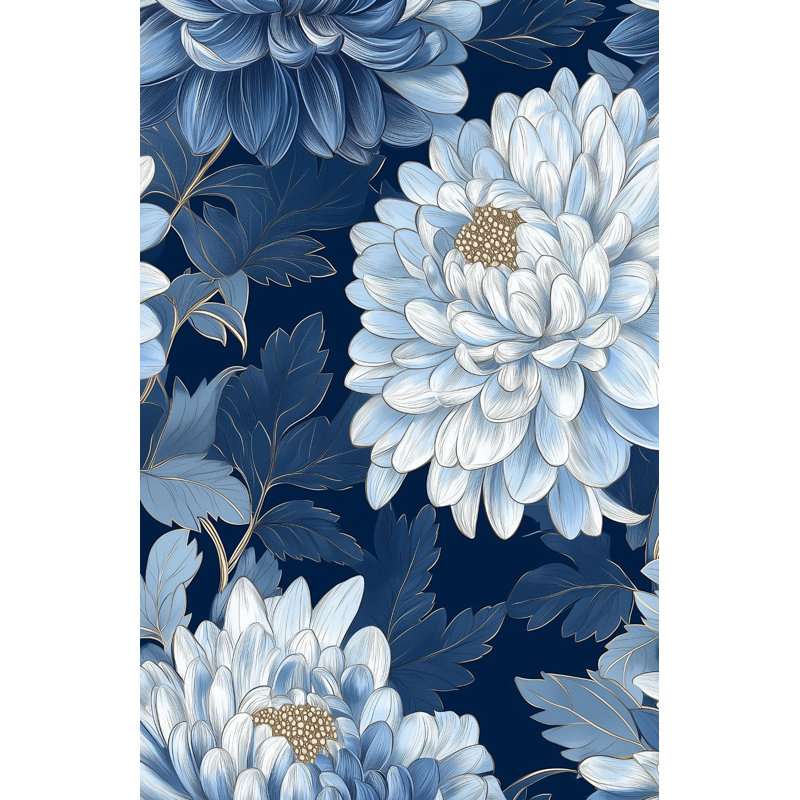 Papier peint autocollant bleu marine Chrysanthemum | Murale florale luxueuse