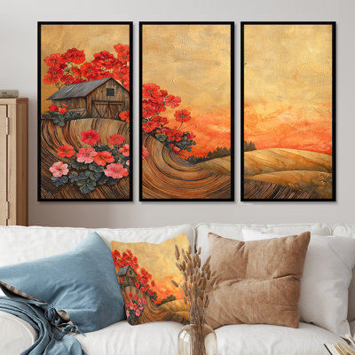 «Geraniums Flowers At Barn Landscape I» - art mural géraniums - ensemble de 3