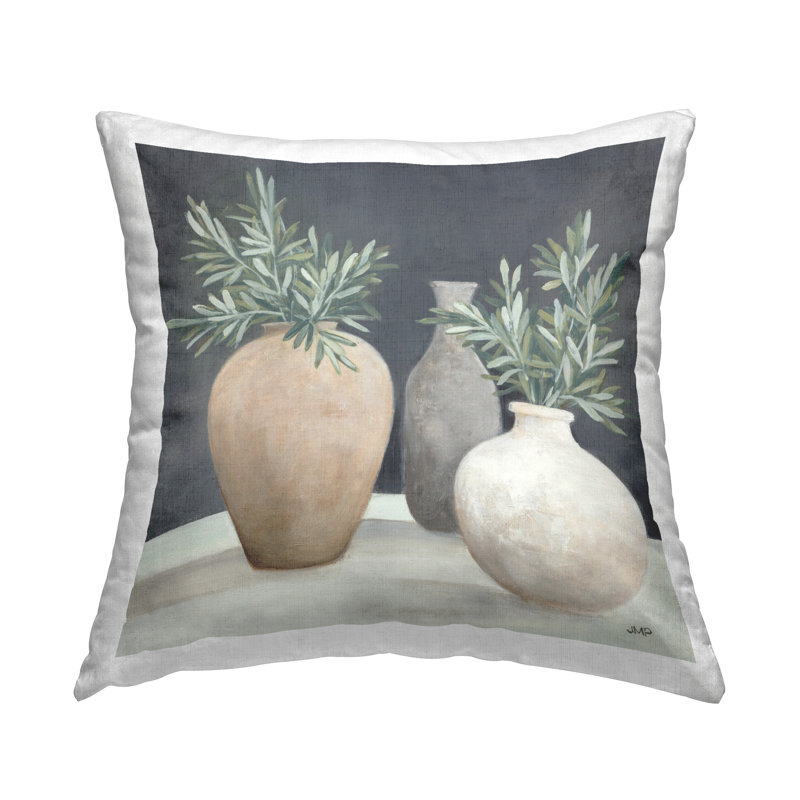 Design de coussin décoratif imprimé de vaisseaux de poterie botanique par Julia Purinton
