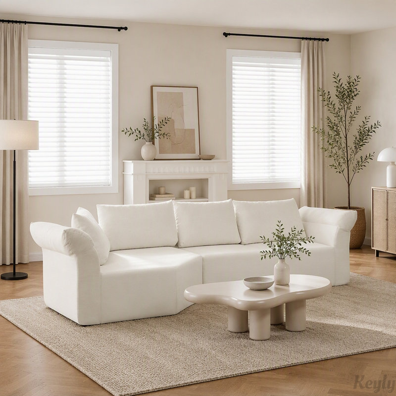 Canapé modulaire modulaire avec accoudoirs larges et coussins décoratifs, Tissu beige