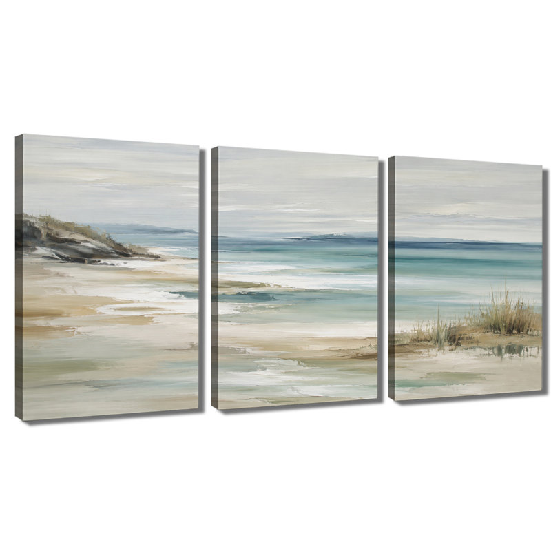 Tableau à trois panneaux, paysage de plage côtière neutre, impression sur toile tendue, 16*24inch*3