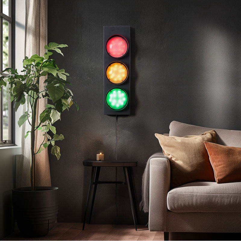 Industrial 18.5" Traffic Signal Wall Sconce - Remote Controlled 3-Light Stoplight with Frosted Glass & Metal Frame