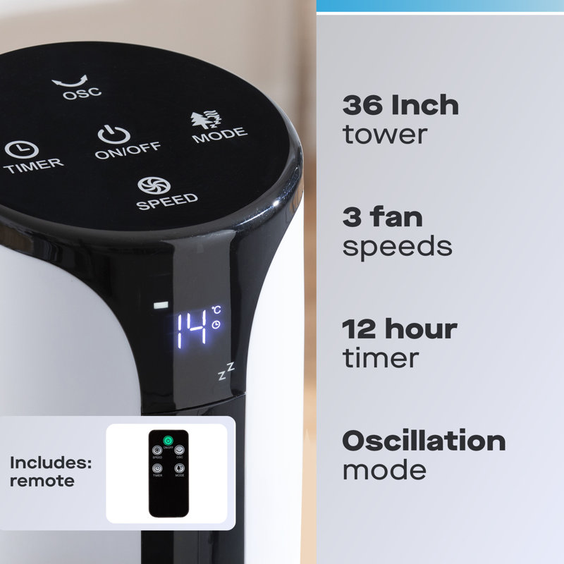 Daewoo 36" Slimline Tower Fan 3 Speed Oscillating 12 Hour Timer Digital With Remote Control White