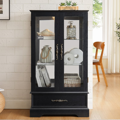 Vitrine lumineuse en verre avec tablettes réglables - Vitrine élégante à 2 portes et tiroir intégré, ampoule incluse - NOIR
