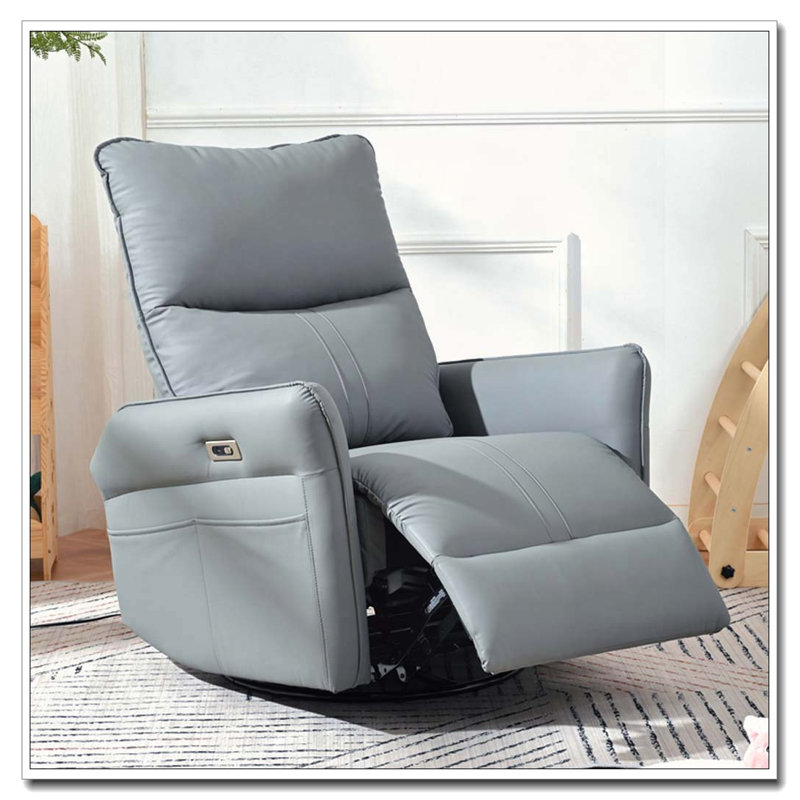 270° Power Swivel Rocker Recliner Chair, PU Leather Electric Glider Reclining Sofa with USB Ports, Blue Gray