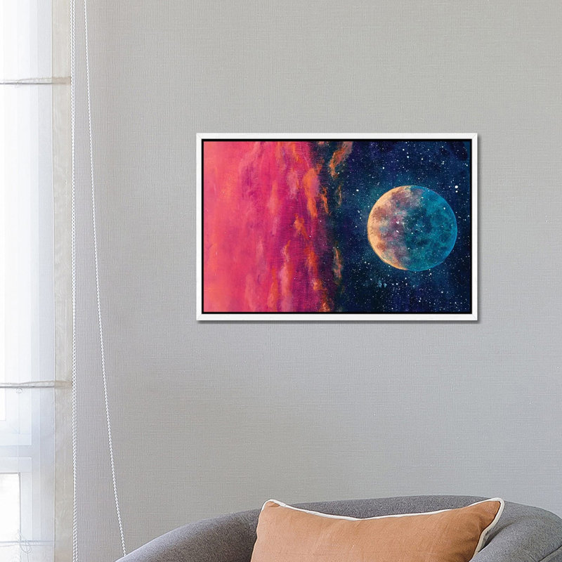 Fantastic Beautiful Big Planet Moon Among Stars In Universe by Valery Rybakow - Painting on Canvas, White Framed