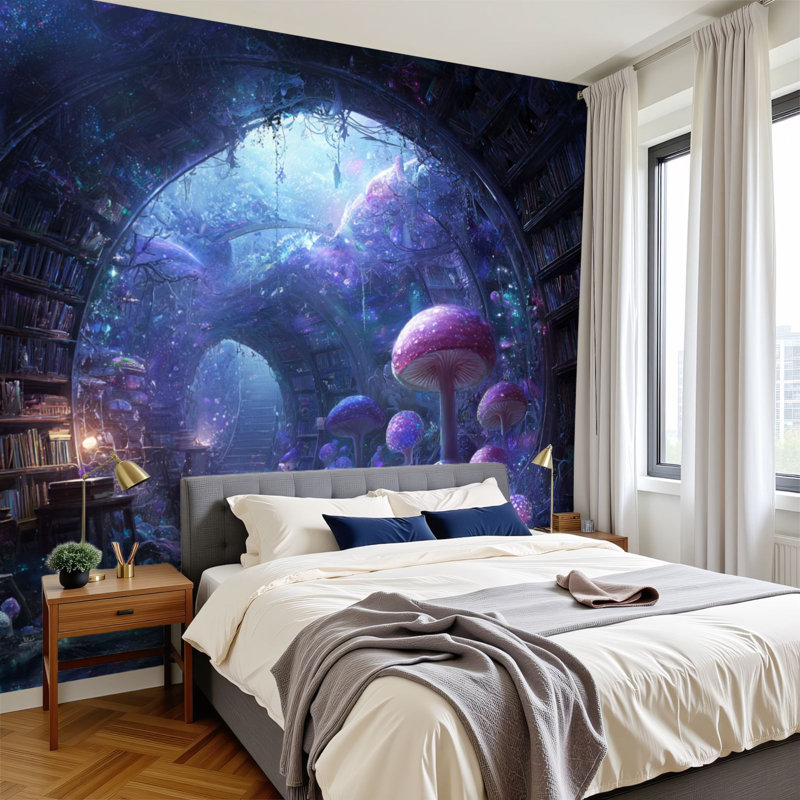 Papier peint adhésif Peel and Stick Magical Forest Library Under Galaxy Sky Illuminated Pathway, L 144 po x l 100 po