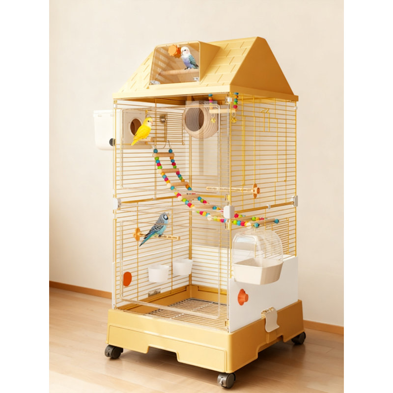 Cage à perroquet en métal jaune chaud avec perroquet en forme de maison