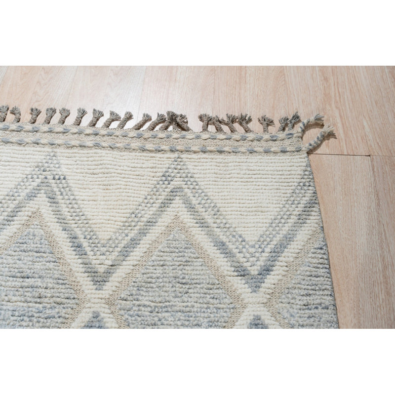 6x9 Ivory Hand-Knotted Wool Diamond Weave Geometric Modern Contemporary Carpet Rug