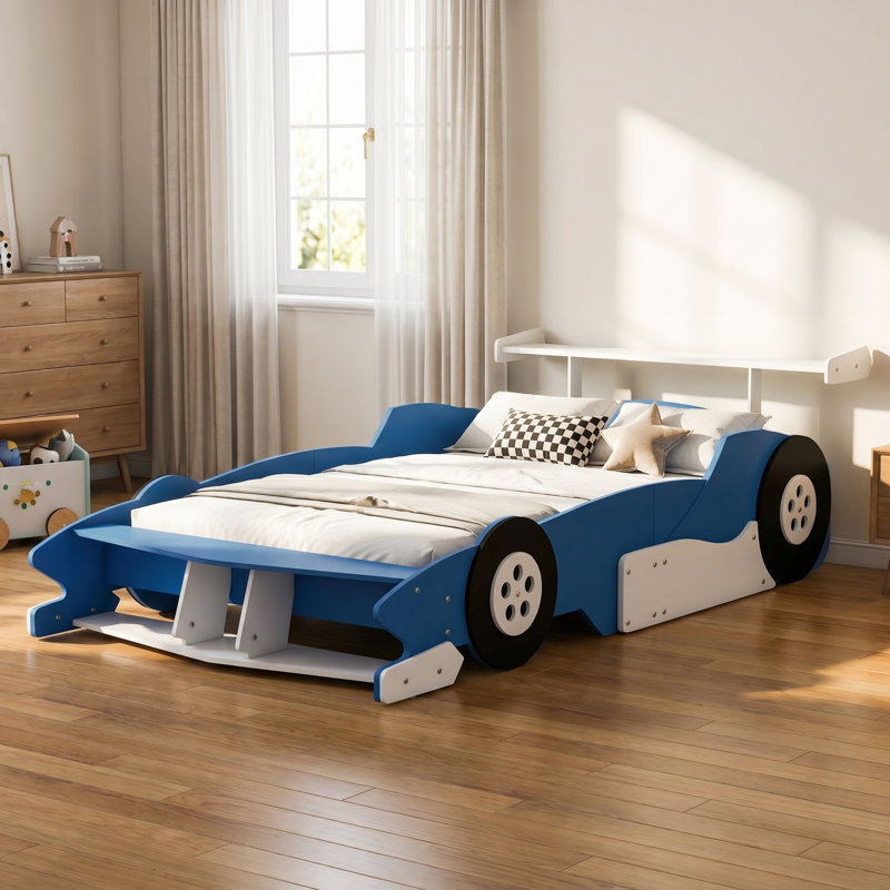 AVELOR Race Car Full Platform Bed for Kids with Wheels & Safety Guardrails - Fun Themed Children's Bed Frame, Easy Assembly