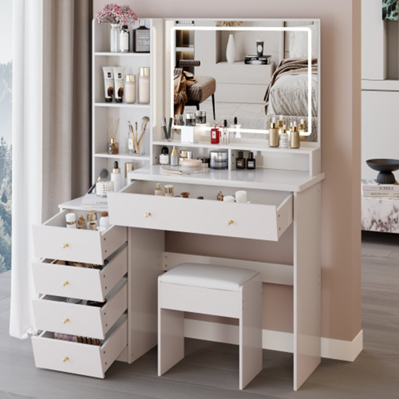 Grande coiffeuse avec tabouret de chevet et tabouret rembourré, Blanc