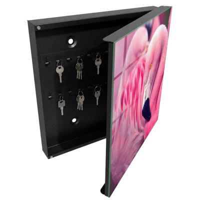Key storage cabinet, Opens to the left, 30x30x5, Black, Pink flamingos in soft light, 