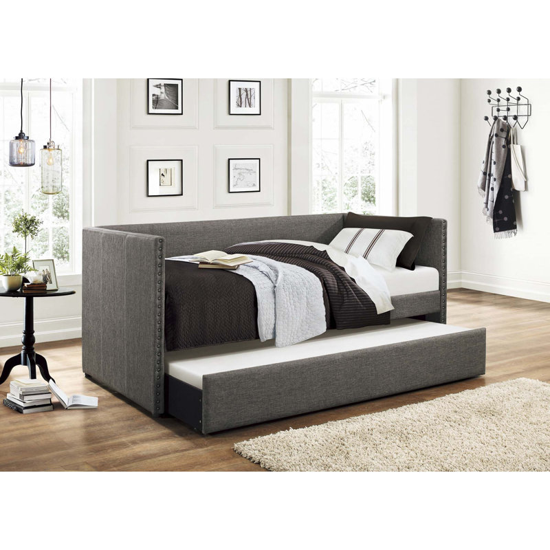 Fabric Upholstered 1pc Day Bed with Pull-out Trundle, Gray