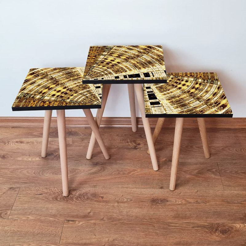 Elegant 3-Piece Nesting Table Set, Gold & Brown, 13.8 x 20.5 x 13.8 in (Large), 13.8 x 18.5 x 13.8 in (Medium), 13.8 x 16.5 x 13.8 in (Small) | 100% MDF with Beech Wood Legs | Abstract Geometric Design for Modern Living Spaces