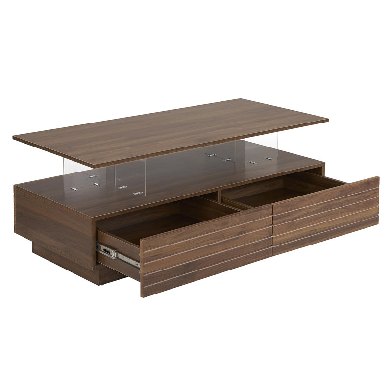 Modern Walnut Rectangular LED Lights Coffee Table With 2 Drawers In 47.2"