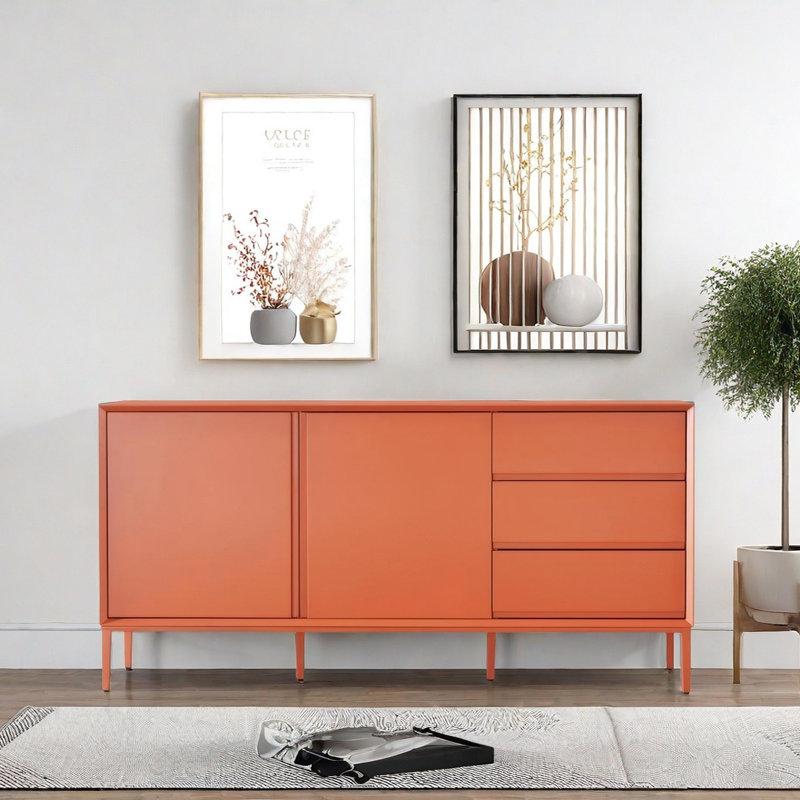 Buffet moderne avec 2 portes et 3 tiroirs, Orange-rouge