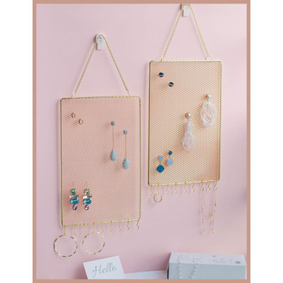 2-Pack Diamond Metal Wall Mount Jewelry Organizer, Earring & Necklace Holder, Gold