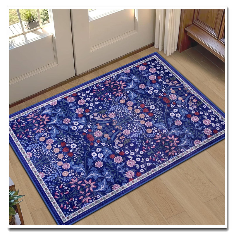 Entryway Rug 2X3 Blue, Floral Vintage Washable Non-Slip Door Mat, Soft Low Pile Stain Resistant Indoor Throw Rug For Entrance Bedroom Kitchen Laundry Bathroom
