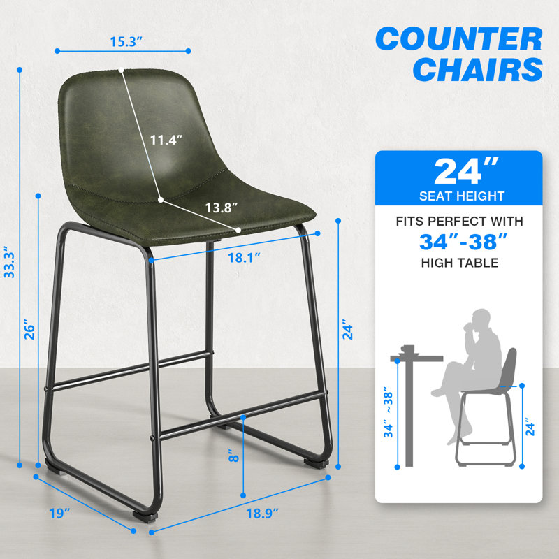 Tabourets de bar en cuir Parveena, Vert, 2, Tabouret de comptoir (siège d'une hauteur de 24 p