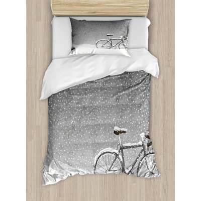 Ambesonne Winter Duvet Cover Set, Bicycle Snow Calm Scene, Twin, Taupe White -  nev_44939_twin