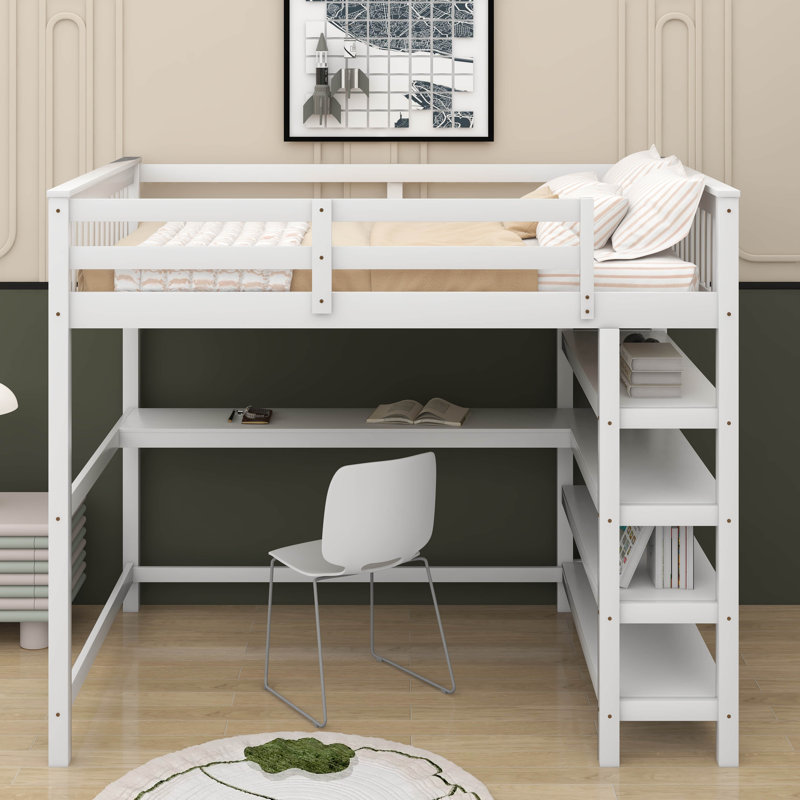 Lit mezzanine avec tablettes de rangement et bureau, Lit double, Blanc