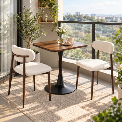 Ensemble de table de salle à manger carrée 27,6 po avec 2 chaises de salle à manger rembourrées en métal, table à piédestal moderne de style tulipe Mid-Century et chaises de cuisine en tissu beige, ensemble de salle à manger de petit espace pour cuisine, appartement, café et salon, noyer