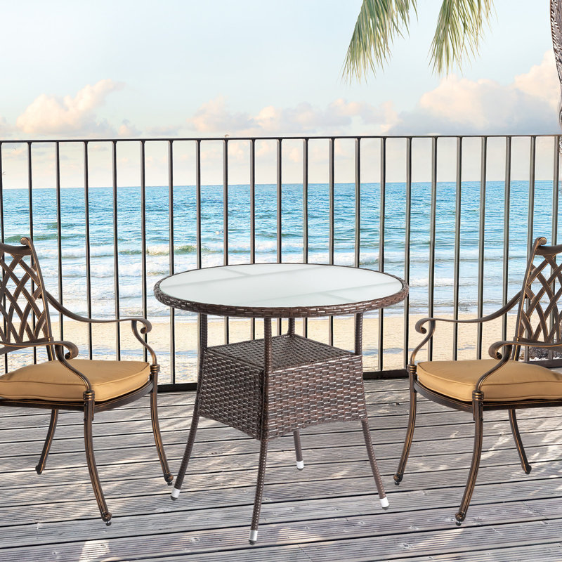 Table de salle à manger ronde en osier brun 31,5 po - capacité de 4 personnes, résistante aux intempéries avec plateau en verre pour la cour / terrasse / bord de piscine