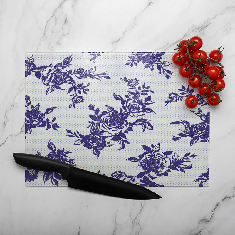 Roses Print On Polka Dots Glass Chopping Board