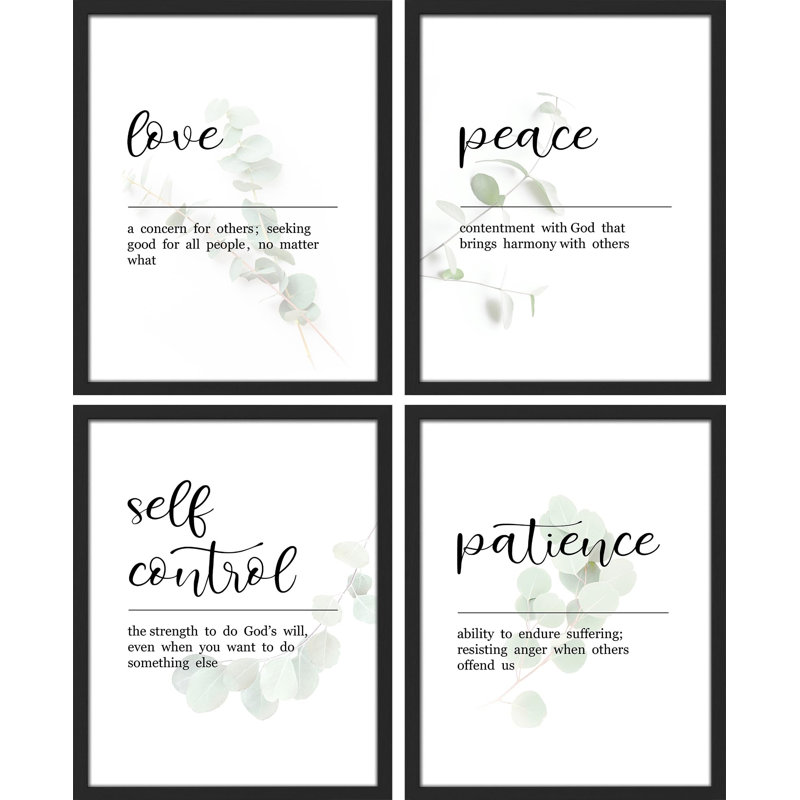 «Love Peace Patience Self-Control», impression sur papier 4 pièces, H 14 po x l 11 po, Noir