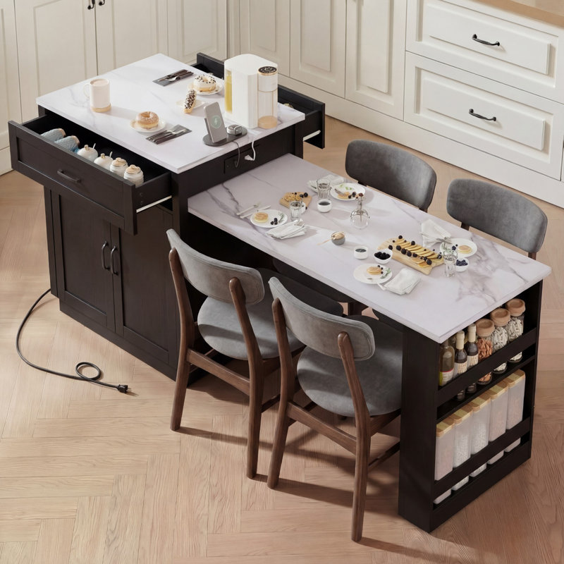Kitchen Island With Extendable Dining Table, Black/Faux White Marble