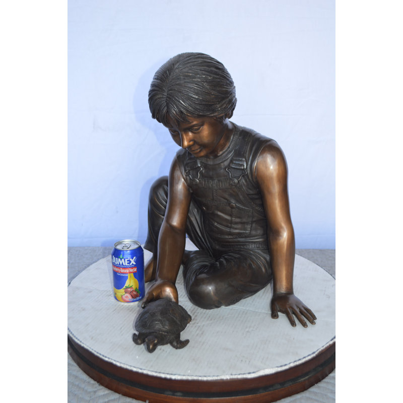 Boy Push Turtle Bronze Statue Fountain -  Size: 18"L x 20"W x 19"H.