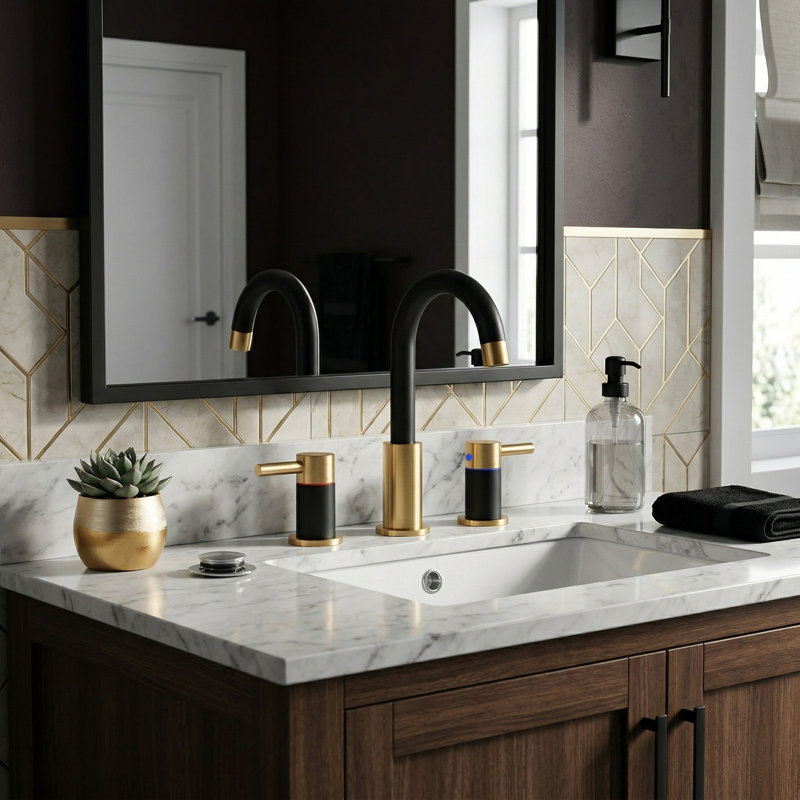 Widespread 2-handle Bathroom Faucet with Drain Assembly, Gold/Black