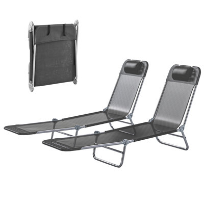 2 Piece Sun Loungers, Folding Chaise Lounge Chairs With Reclining Back, Breathable Mesh Seat, Headrest, Black