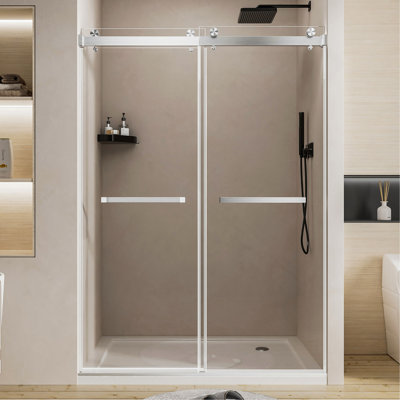 Porte de douche coulissante double sans cadre l 50 à 54 po x H 76 po, verre trempé épais de 1/4 po (6 mm) de qualité supérieure avec film antidéflagrant, acier inoxydable