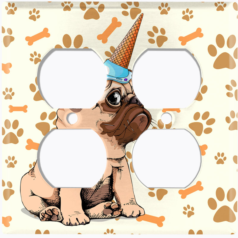 Metal Light Switch Plate Outlet Cover (Pugicorn Dog Ice Cream Bone Paw Print Cream - Single Toggle)