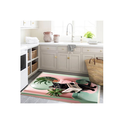 Black Cat Reading Newspaper in Bathroom Pattern Woven Base Modern Decorative Machine Washable Area Rug