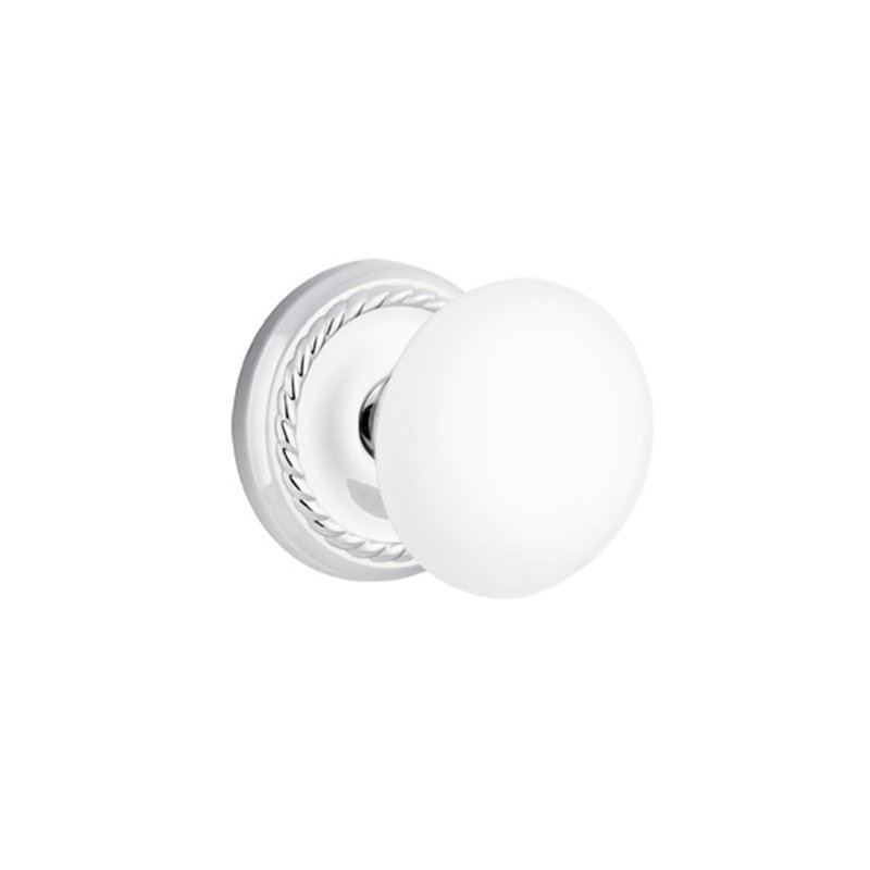 Ensemble de boutons d'intimité Emtek avec rosette en corde et bouton en porcelaine blanc glacé, Chrome poli