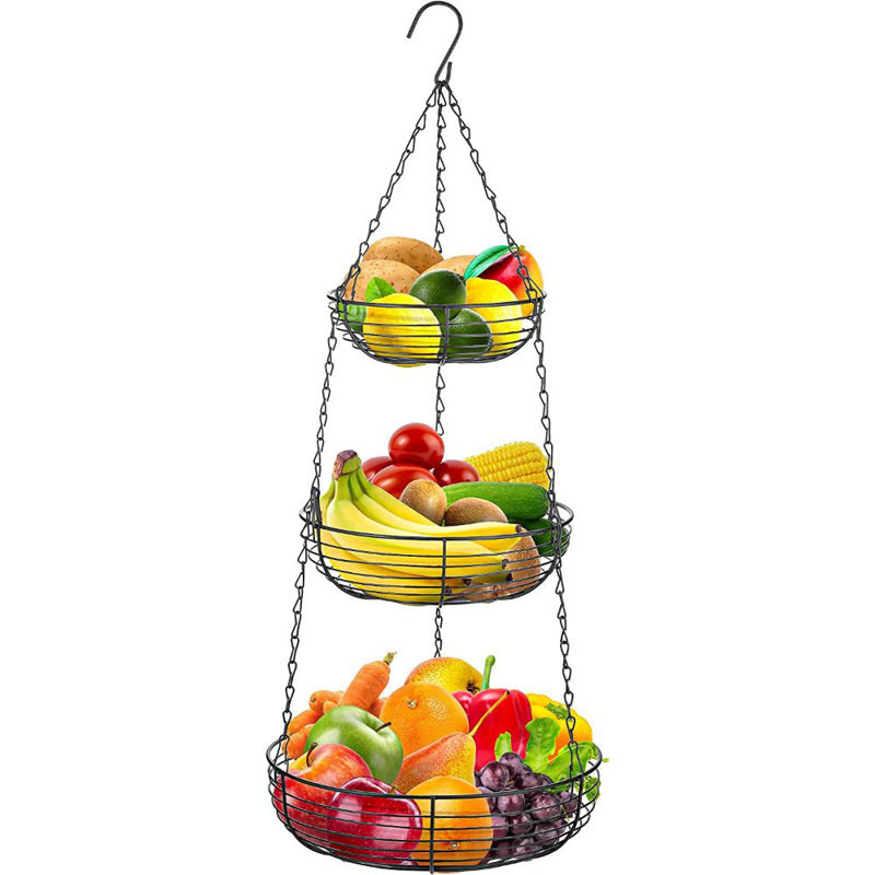 Heavy Duty 3-Tier Hanging Fruit and Vegetable Basket with 2 Metal Ceiling Hooks, Black, Black